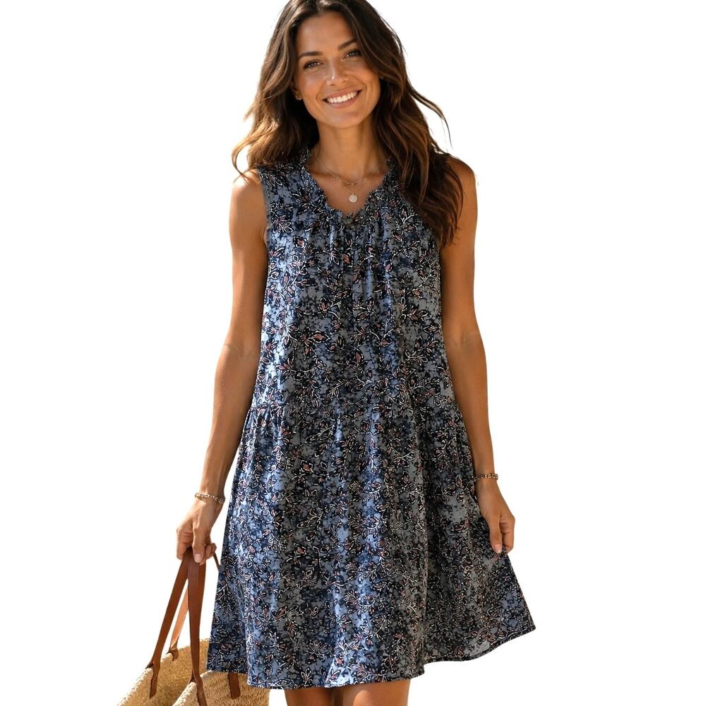 Lucky Brand Floral Leaf Dress Womens Small Dusty Blue Ruffled Boho A-Line